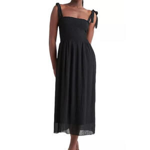 BLACK TAPE Smocked Midi Dress Black Adjustable Tie Straps Lined Size Large